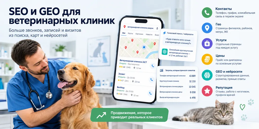 SEO продвижение ветеринарной клиники: какие запросы дают клиентов, где сливают бюджет и что делать по шагам